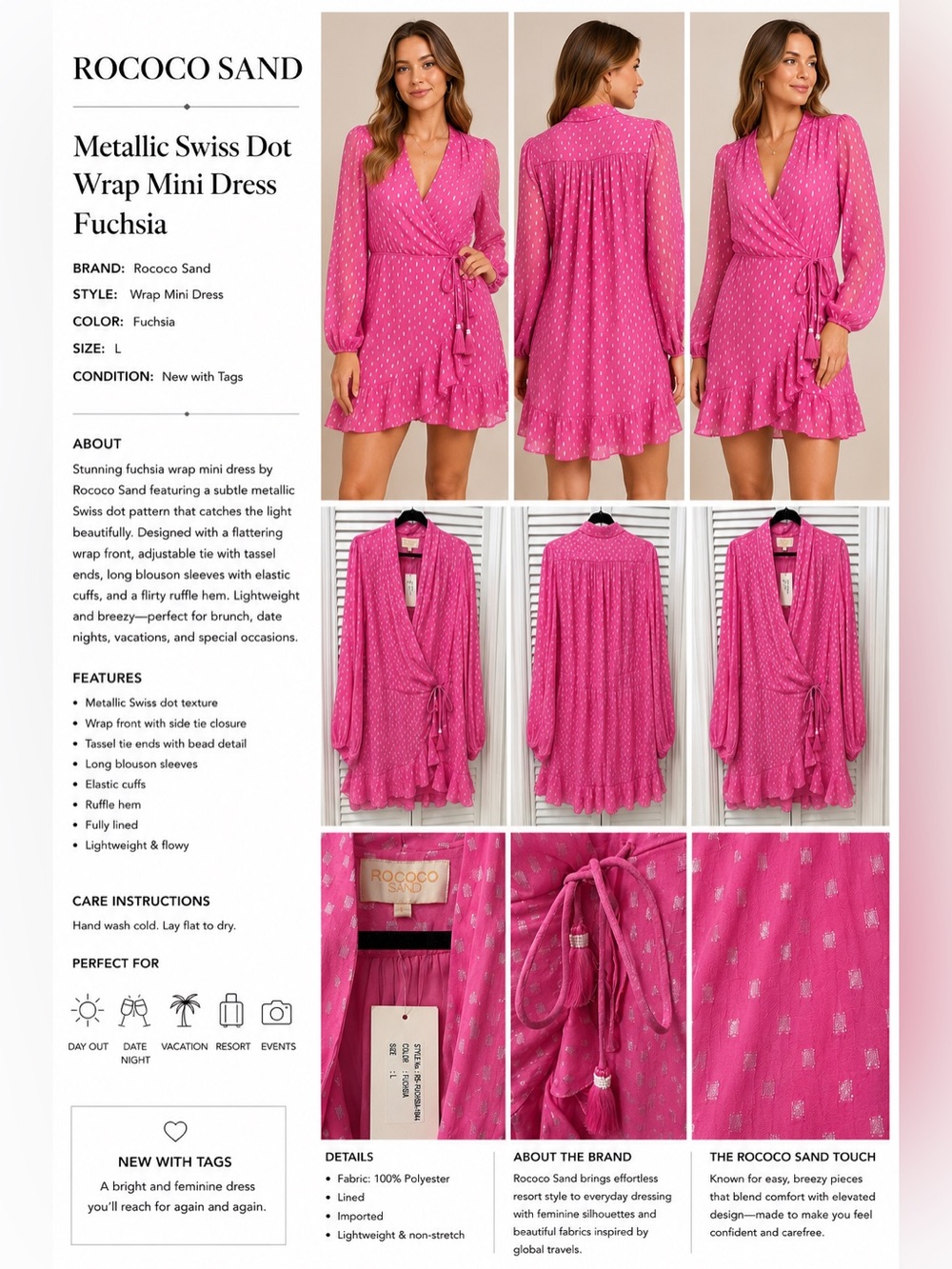 NWT Rococo Sand Fuchsia Metallic Swiss Dot Wrap Mini Dress Size L